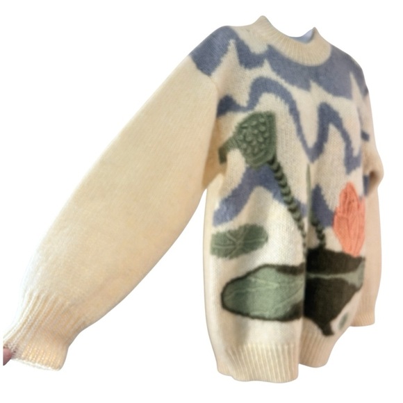 YEO’S Vtg 80s Hand-knit Wool Mohair Sweater Abstract 3D Knit Waterlily Print XL - Picture 3 of 11